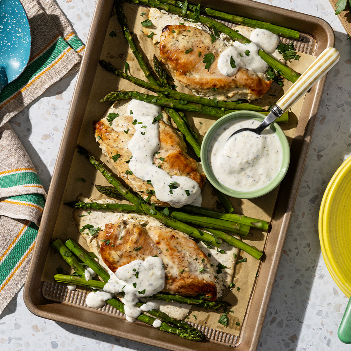Lemon-Herb Yogurt-Marinated Chicken & Asparagus Sheet Pan Dinner