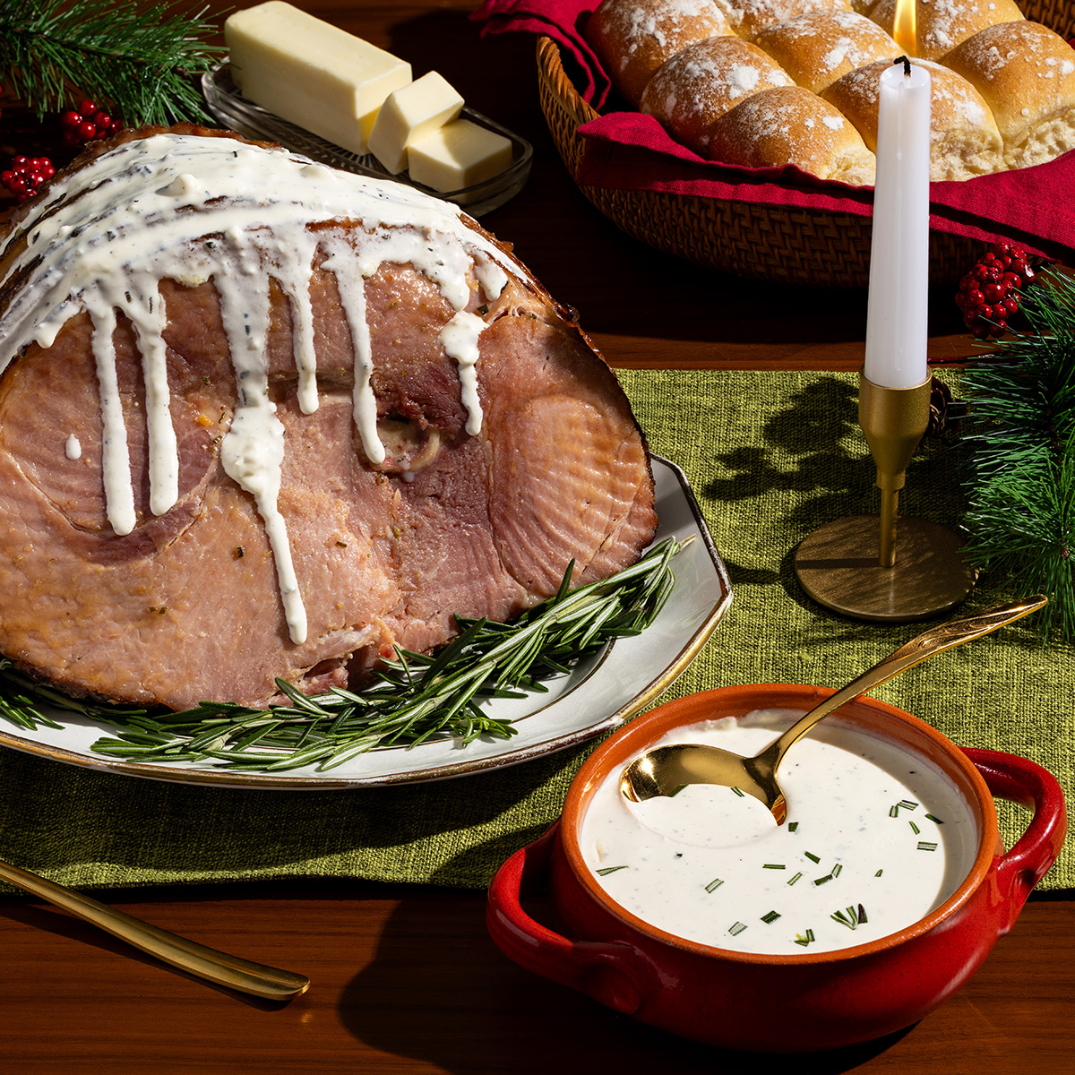 Brown Butter Glazed Holiday Ham with Maple Dijon Cream Sauce